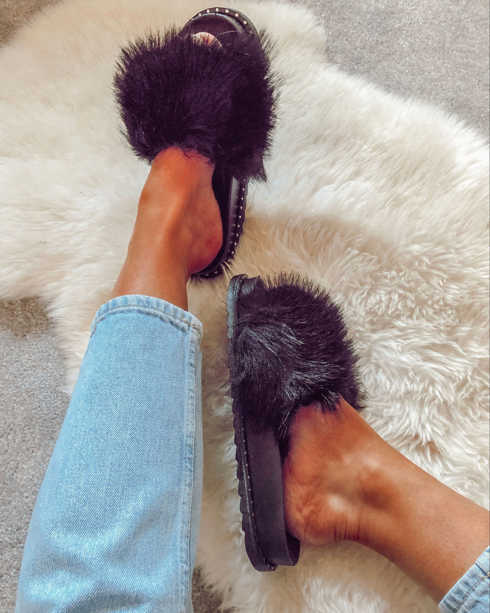 Black Faux Fur Slides with Studded Details Fearless