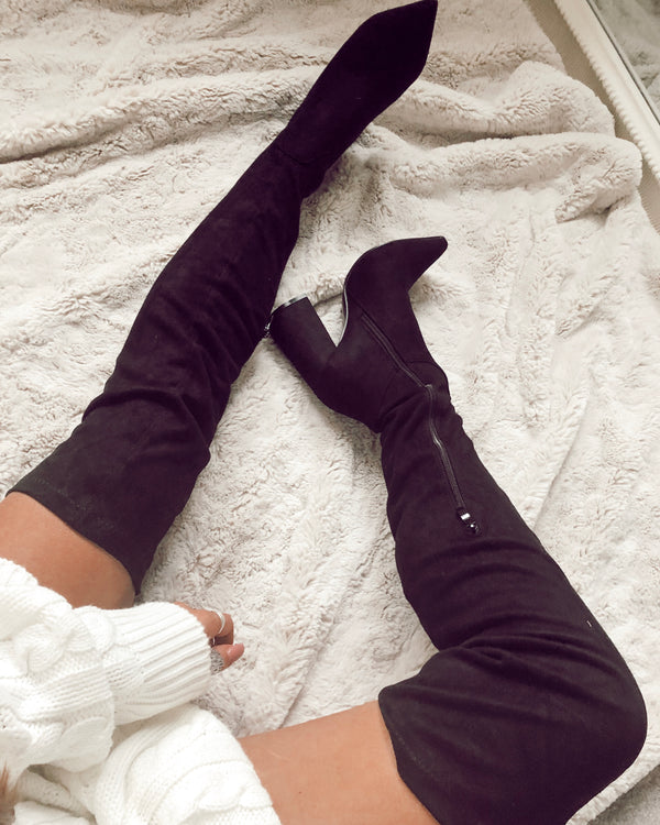 ladies black over knee heeled boots
